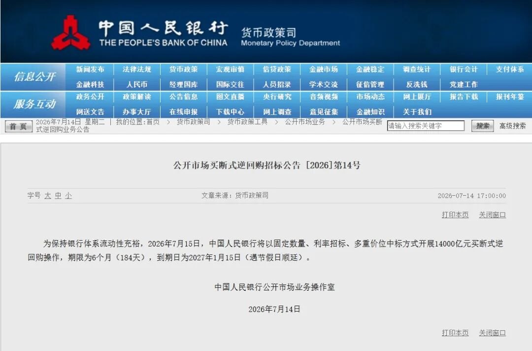 央行:7月15日将开展14000亿元买断式逆回购操作